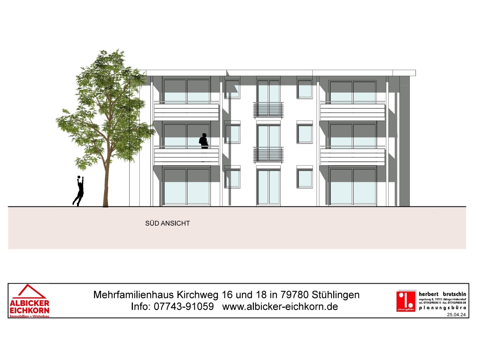 Süd-Ansicht bei Terrasse und Balkonen