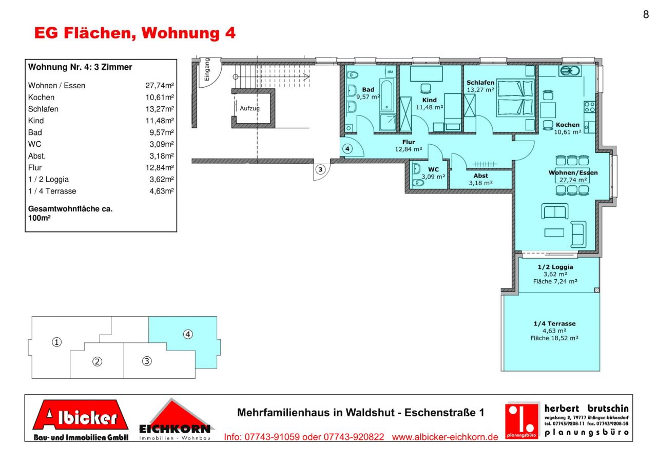 Erdgeschoss: Whg. Nr. 4 3 Zi. ca. 100 m²